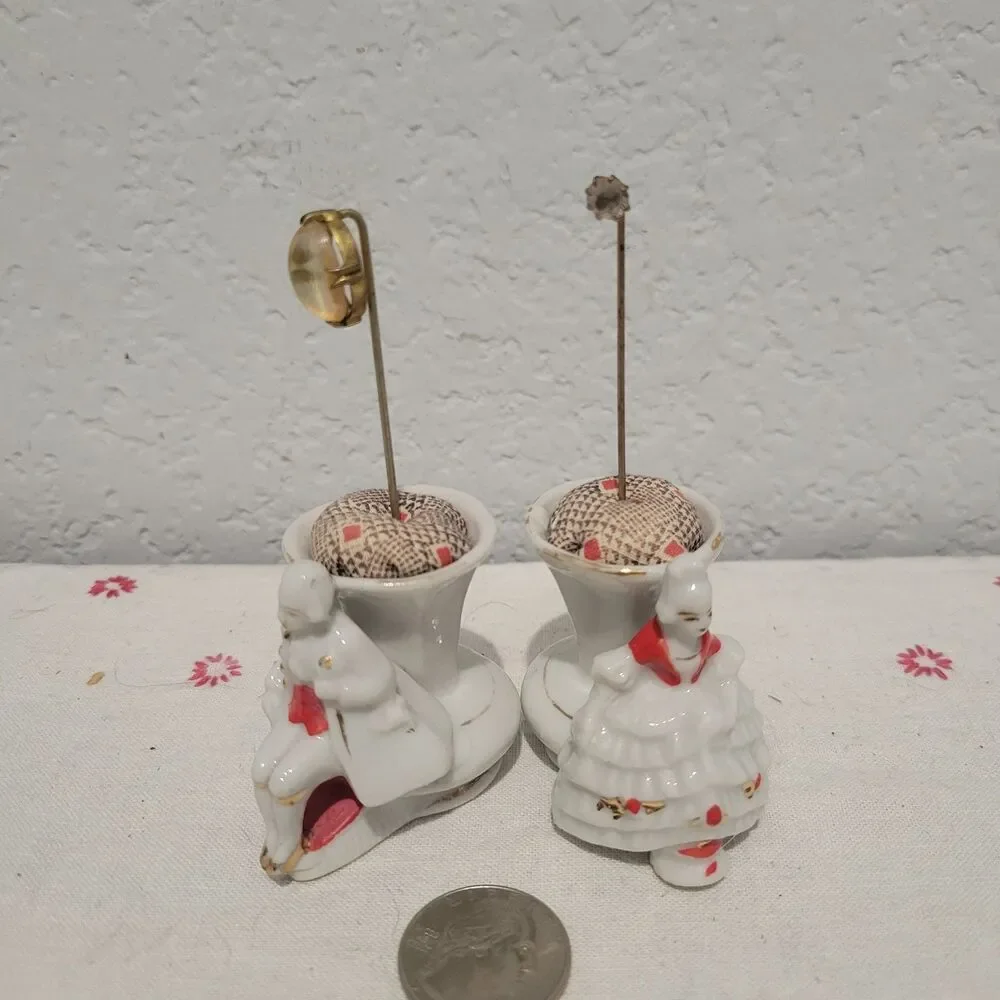 Vtg Set of 2 Porcelain Toothpick Holders Elegant Lady and Man Japan Pin Cushions